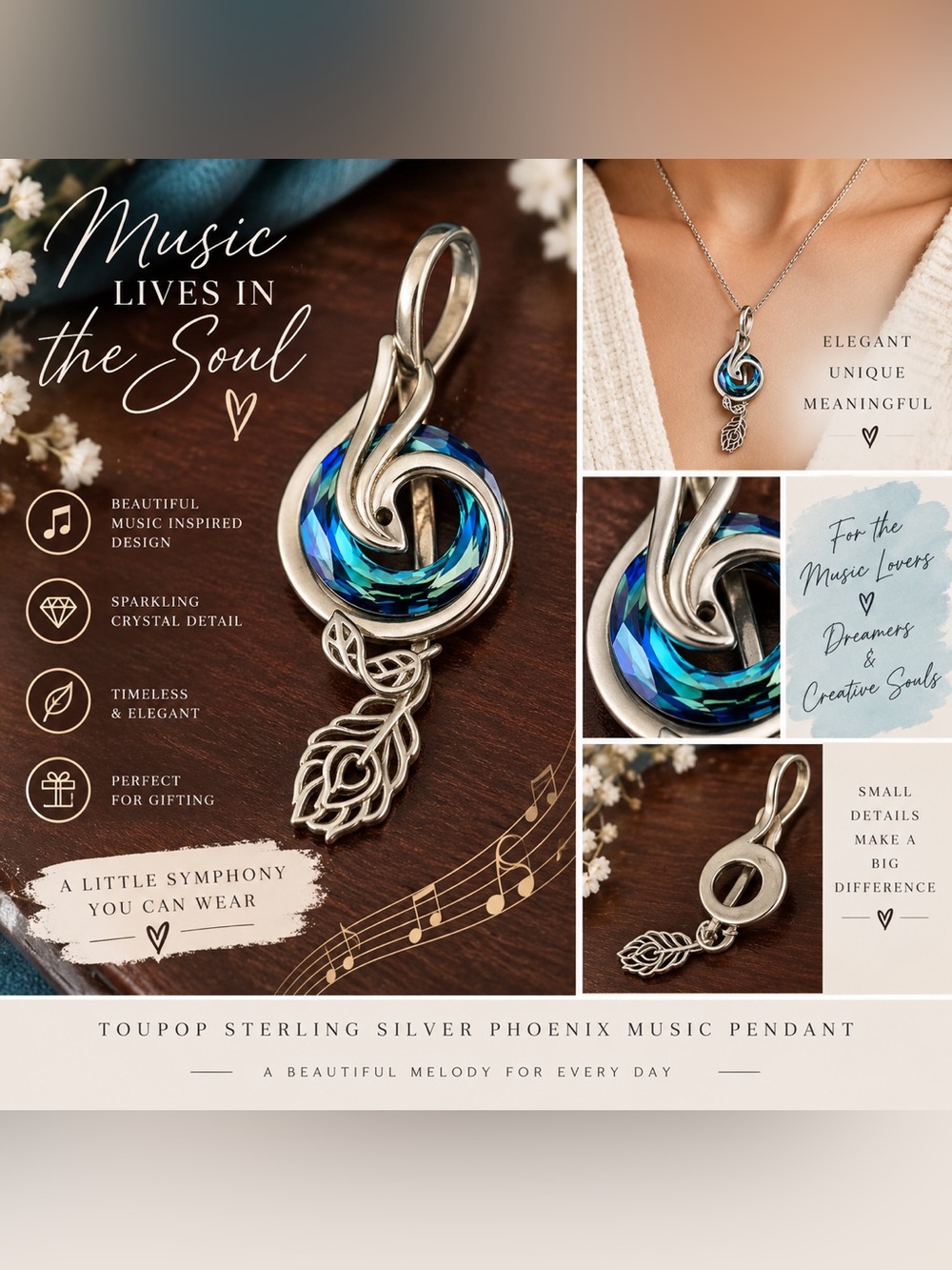 Sterling Silver Phoenix Music Pendant Necklace with Blue Crystal